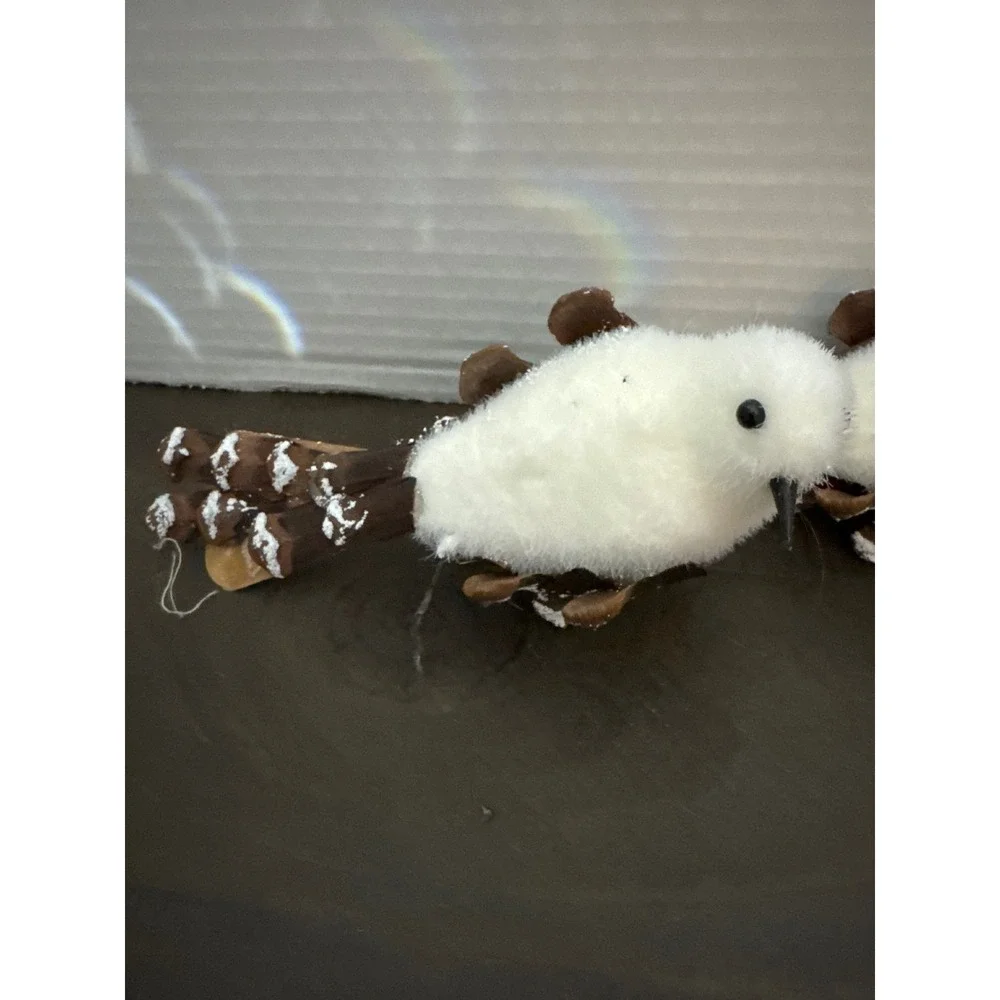 White Fuzzy Bird Christmas Ornaments with Pinecone Wings and Clips Set of 2